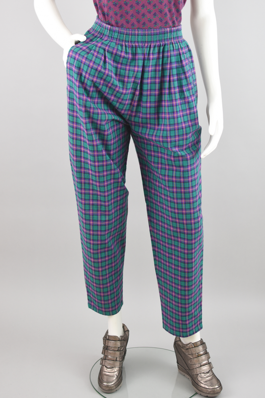 70s Koret Purple & Green Plaid High Rise Mom Pants, Women's Size 8, 28" Waist