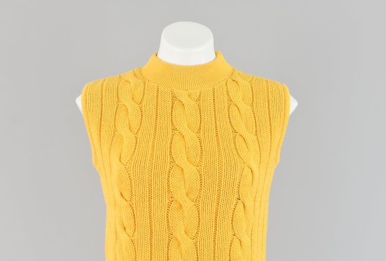 80s Yellow Cable Knit Sleeveless Mockneck Sweater Small