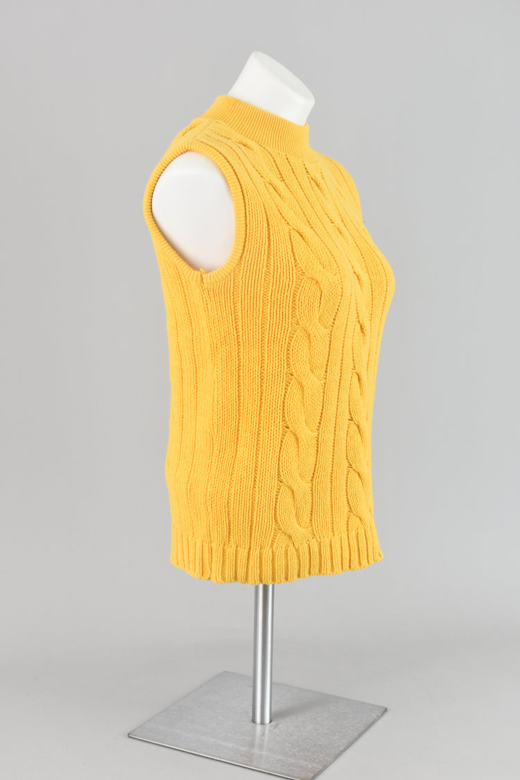 80s Yellow Cable Knit Sleeveless Mockneck Sweater Small