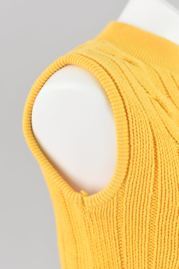 80s Yellow Cable Knit Sleeveless Mockneck Sweater Small