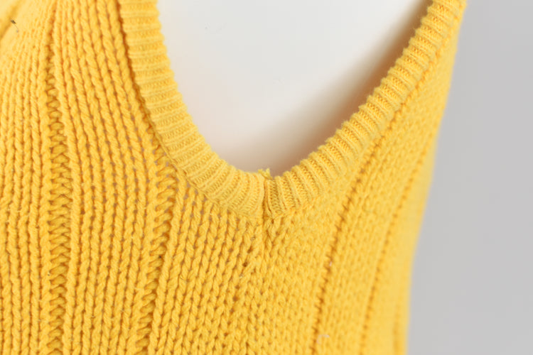 80s Yellow Cable Knit Sleeveless Mockneck Sweater Small