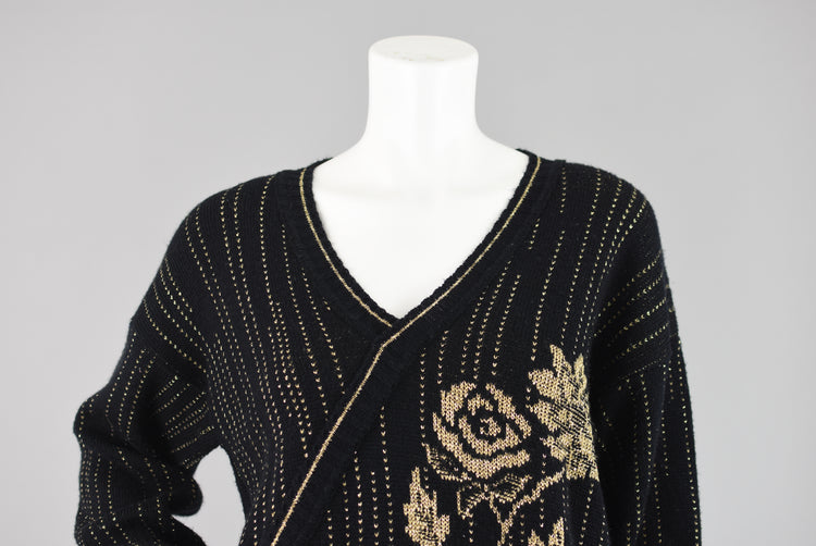 80s Metallic Gold Glam Rose Sweater Ellend Women's Medium