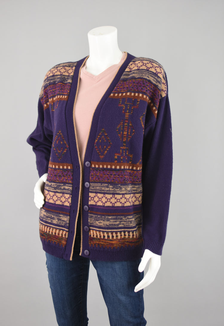 90s Purple Geometric Cardigan Panther USA Made, Women's Medium