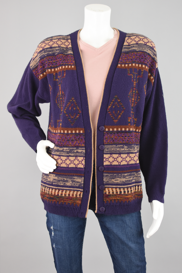 90s Purple Geometric Cardigan Panther USA Made, Women's Medium