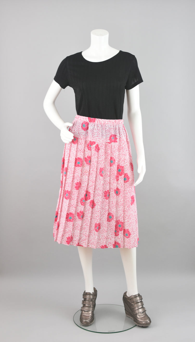 70s Pleated Pink Floral Skirt Women's Petite 10