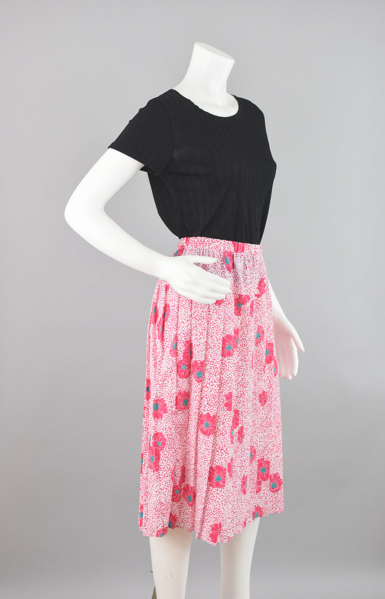 70s Pleated Pink Floral Skirt Women's Petite 10