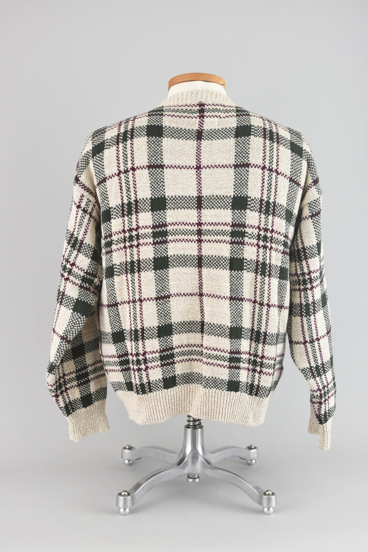 Vintage Chunky Knit Plaid Henley Sweater Men's Large