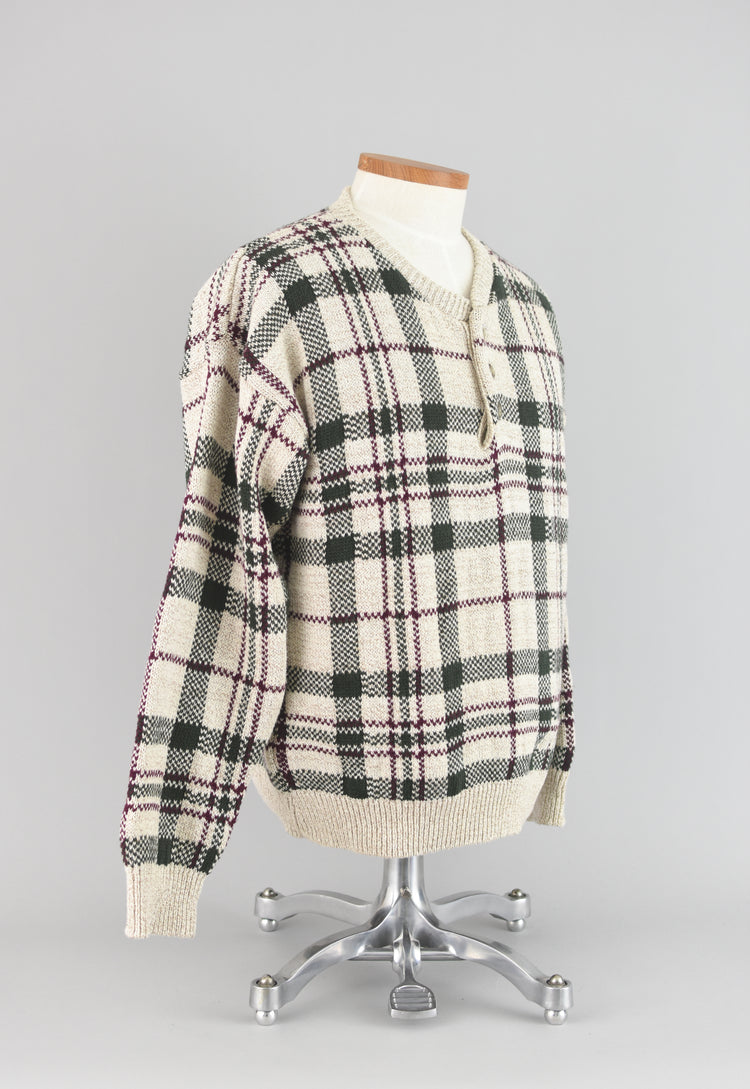 Vintage Chunky Knit Plaid Henley Sweater Men's Large