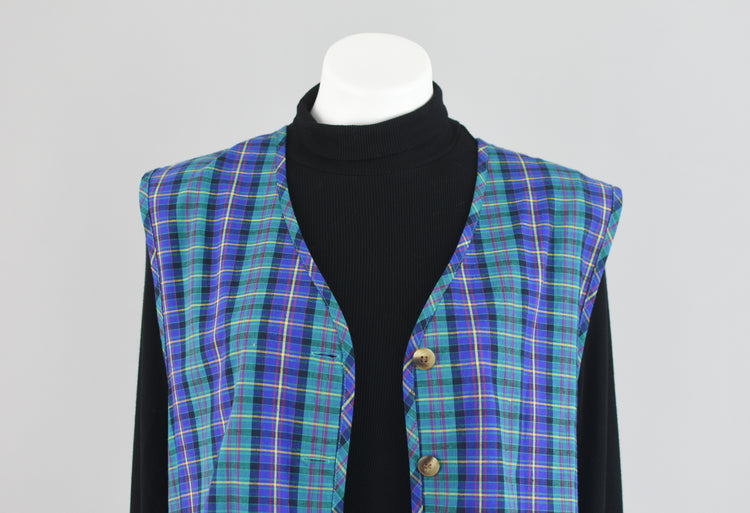 90s Blue Plaid Lightweight Cotton Vest Women's Size 14