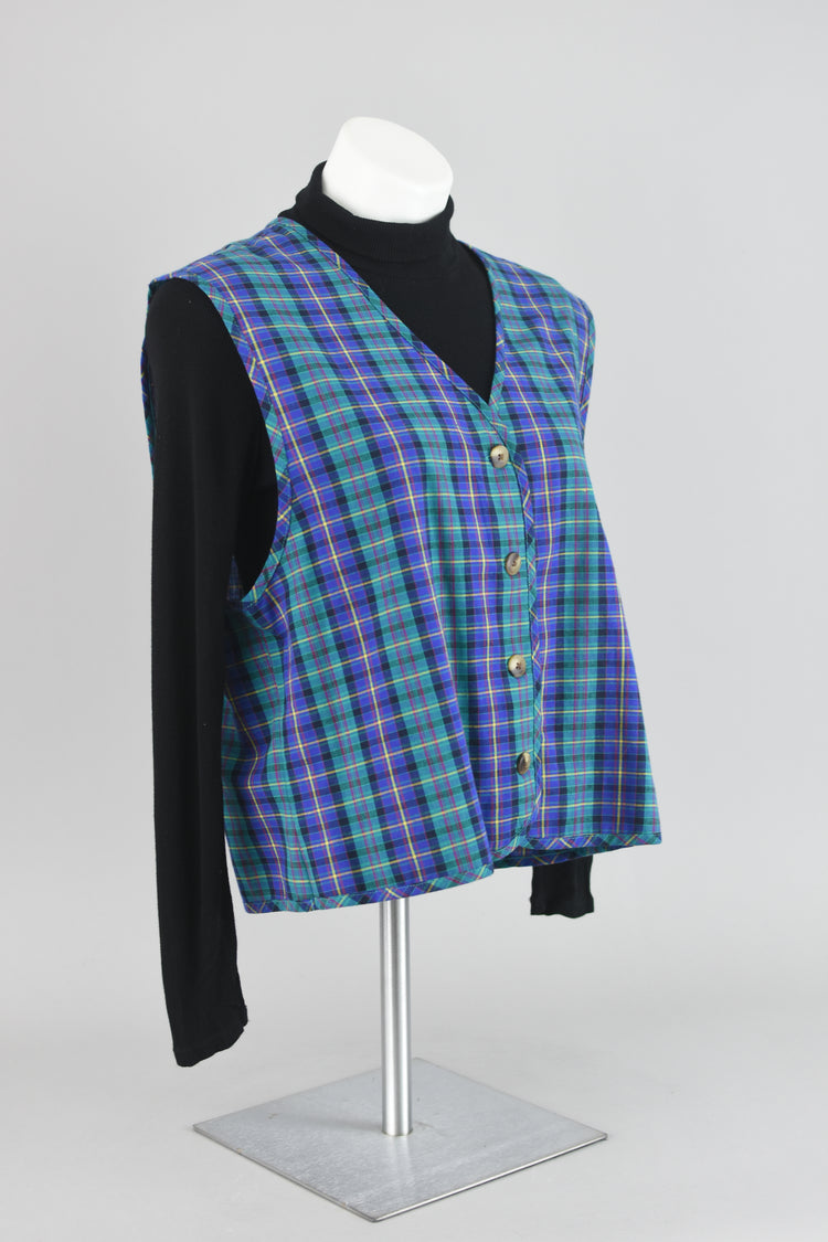 90s Blue Plaid Lightweight Cotton Vest Women's Size 14