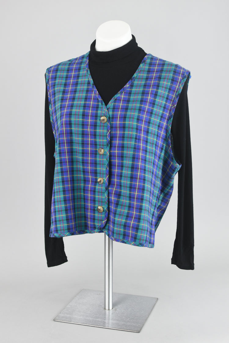 90s Blue Plaid Lightweight Cotton Vest Women's Size 14