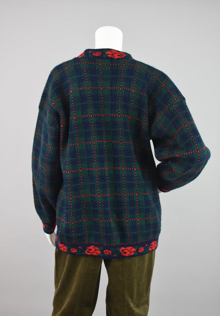 90s Mockneck Plaid & Floral Oversized Sweater, Women's Large