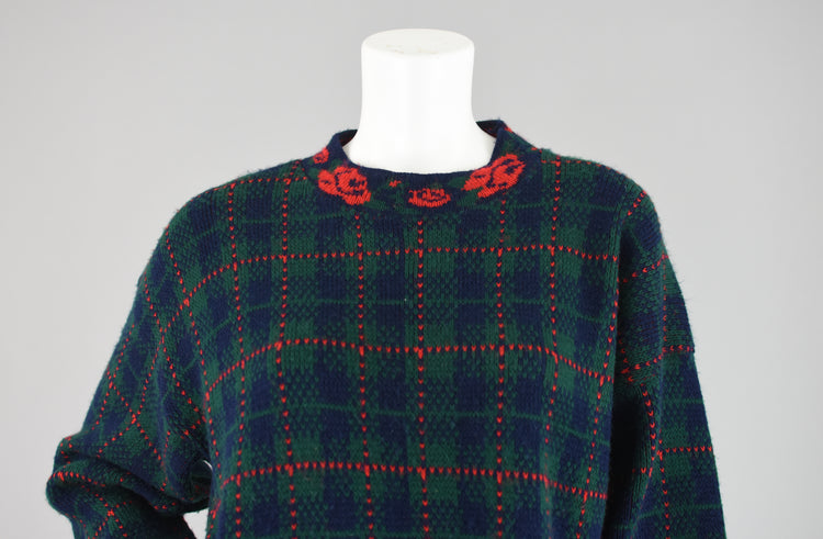 90s Mockneck Plaid & Floral Oversized Sweater, Women's Large