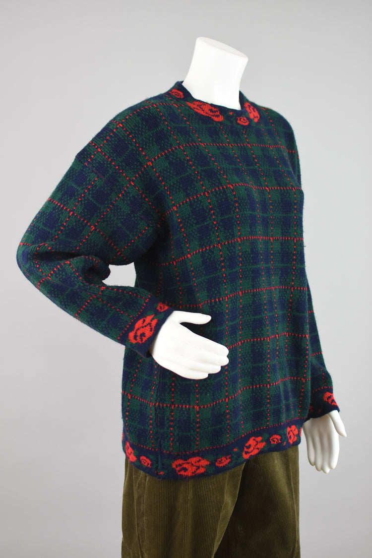 90s Mockneck Plaid & Floral Oversized Sweater, Women's Large