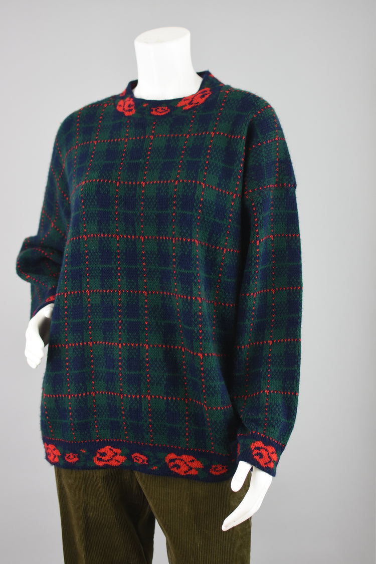 90s Mockneck Plaid & Floral Oversized Sweater, Women's Large