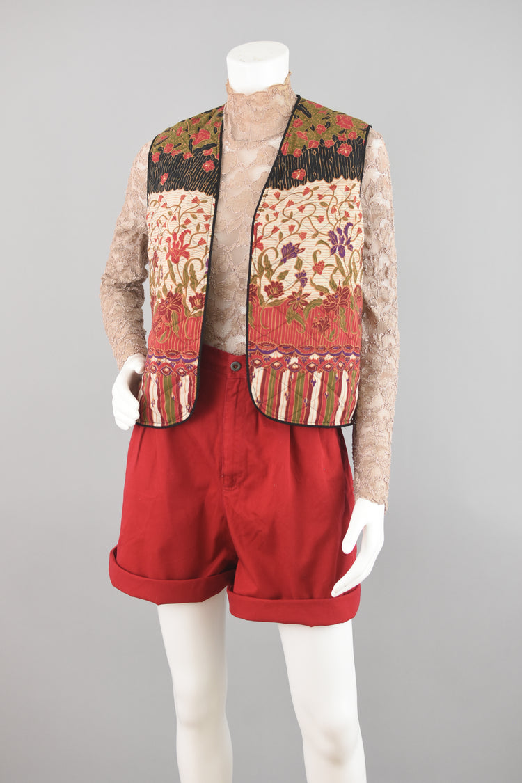 80s Red & Black Quilted Open Front Floral Vest Small