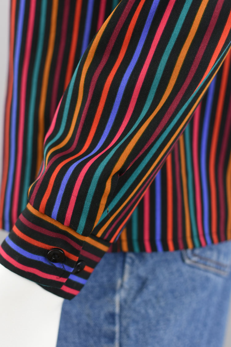 70s Rainbow Striped Polyester Blouse Women's Size 10