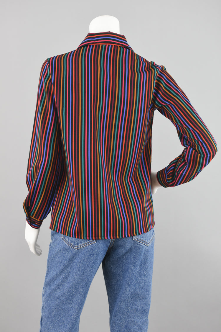 70s Rainbow Striped Polyester Blouse Women's Size 10