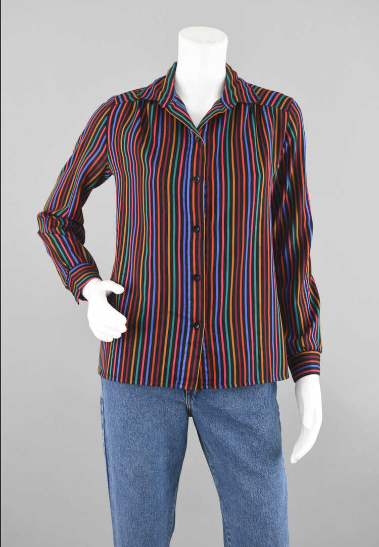 70s Rainbow Striped Polyester Blouse Women's Size 10