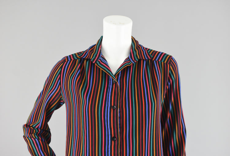 70s Rainbow Striped Polyester Blouse Women's Size 10