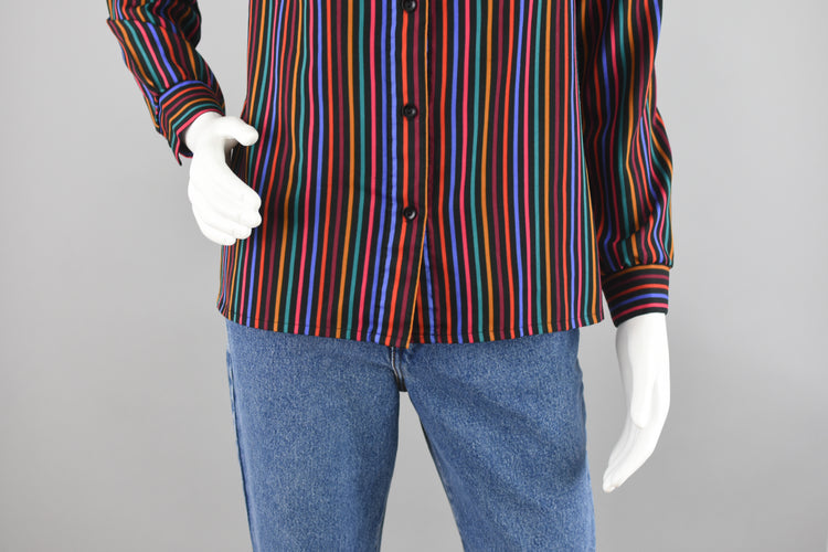 70s Rainbow Striped Polyester Blouse Women's Size 10