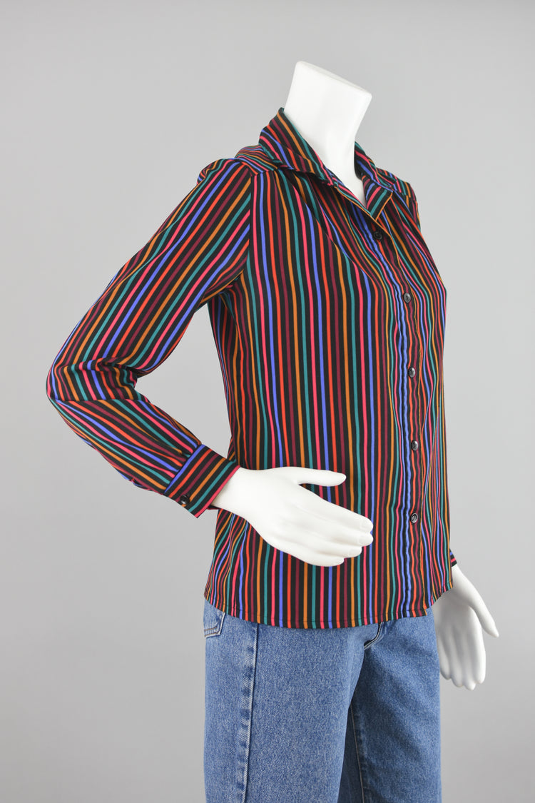 70s Rainbow Striped Polyester Blouse Women's Size 10