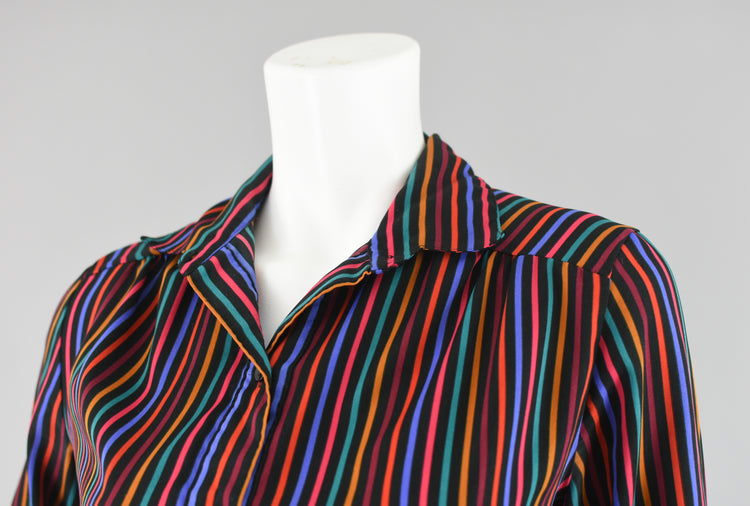 70s Rainbow Striped Polyester Blouse Women's Size 10