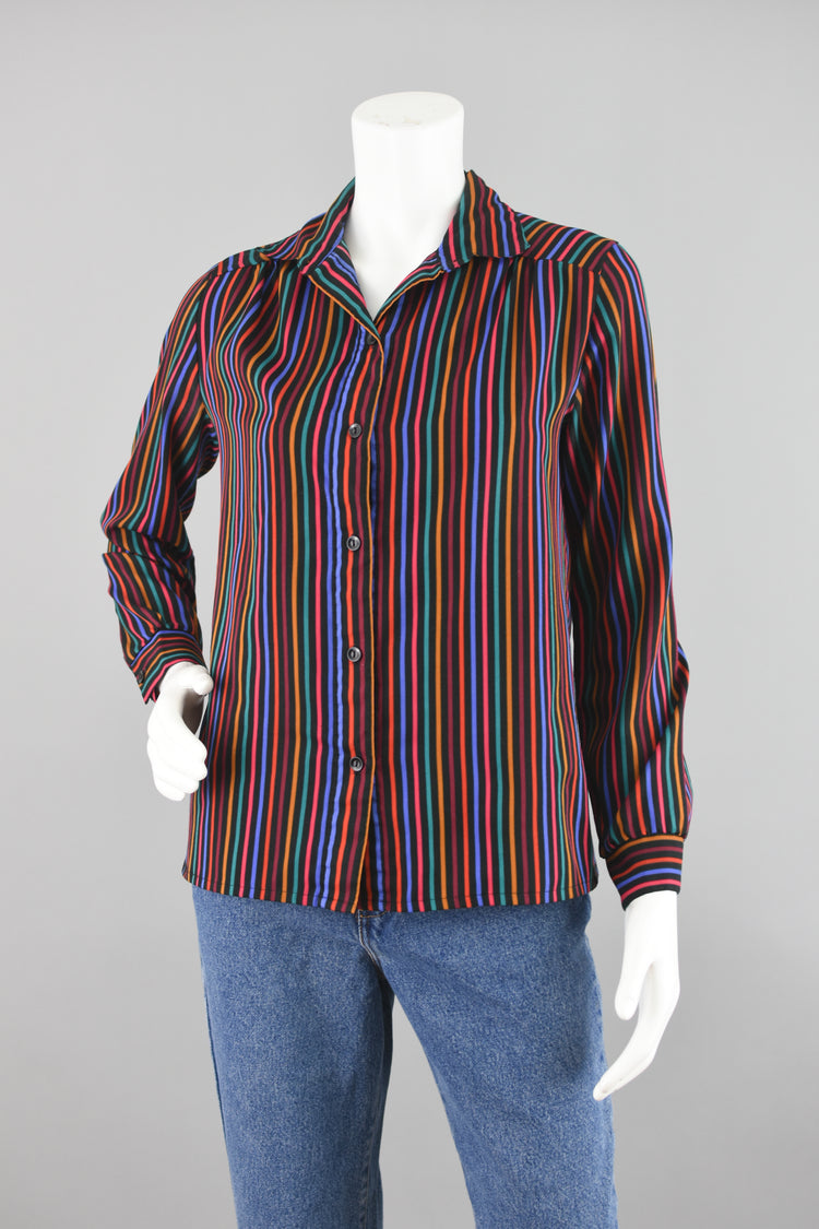 70s Rainbow Striped Polyester Blouse Women's Size 10