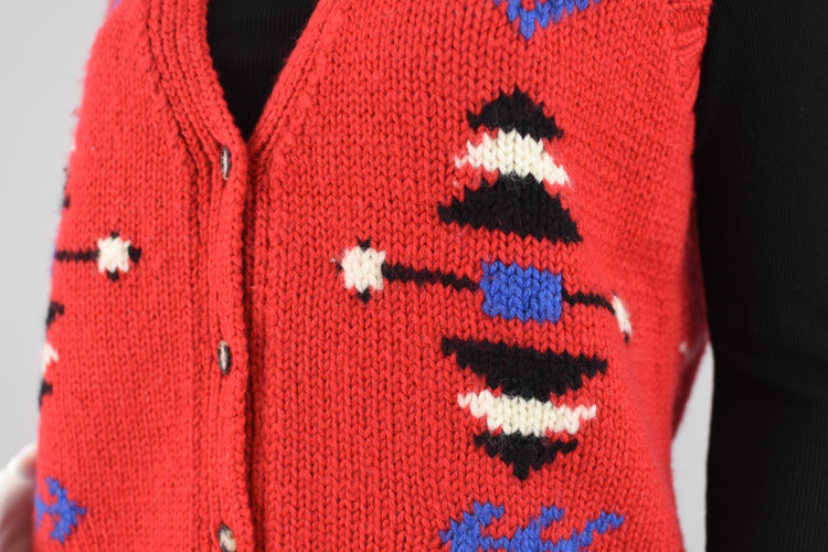 90s Red Wool Southwestern Chunky Crochet Knit Sweater Vest, Medium - Large