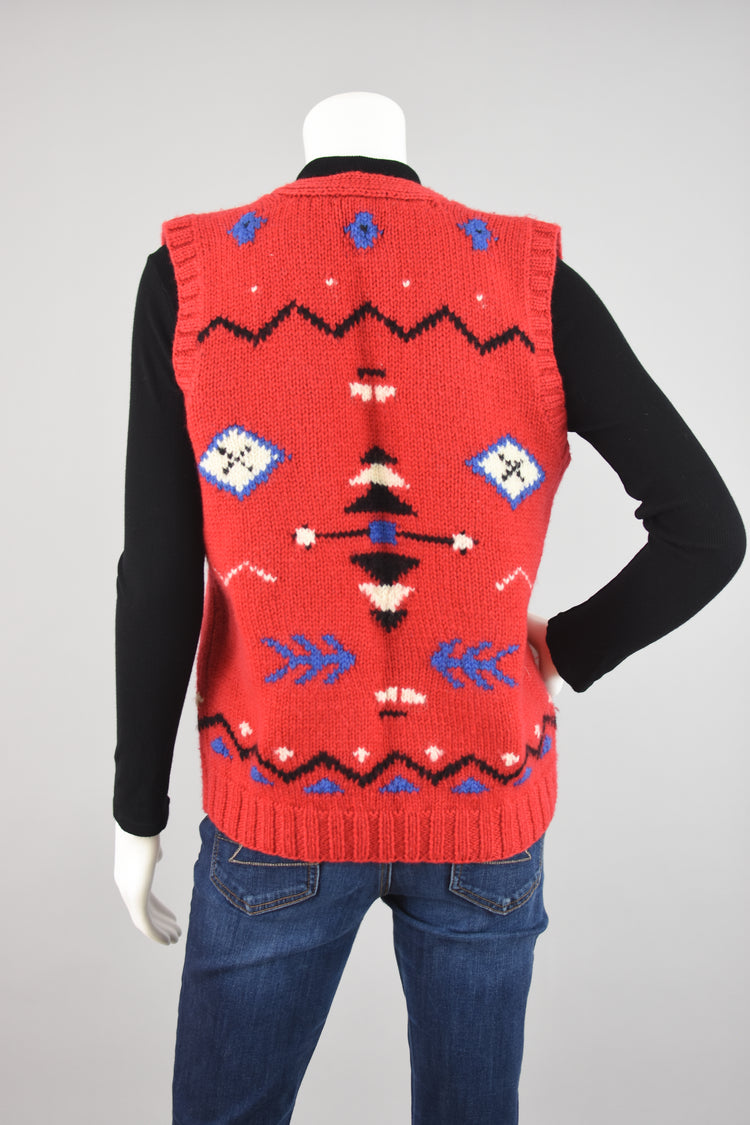 90s Red Wool Southwestern Chunky Crochet Knit Sweater Vest, Medium - Large