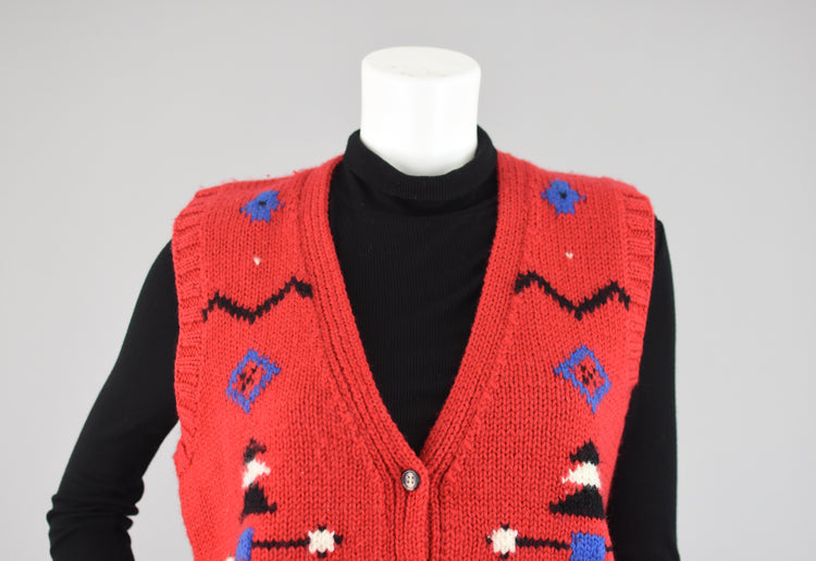 90s Red Wool Southwestern Chunky Crochet Knit Sweater Vest, Medium - Large