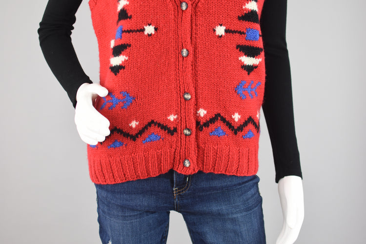 90s Red Wool Southwestern Chunky Crochet Knit Sweater Vest, Medium - Large