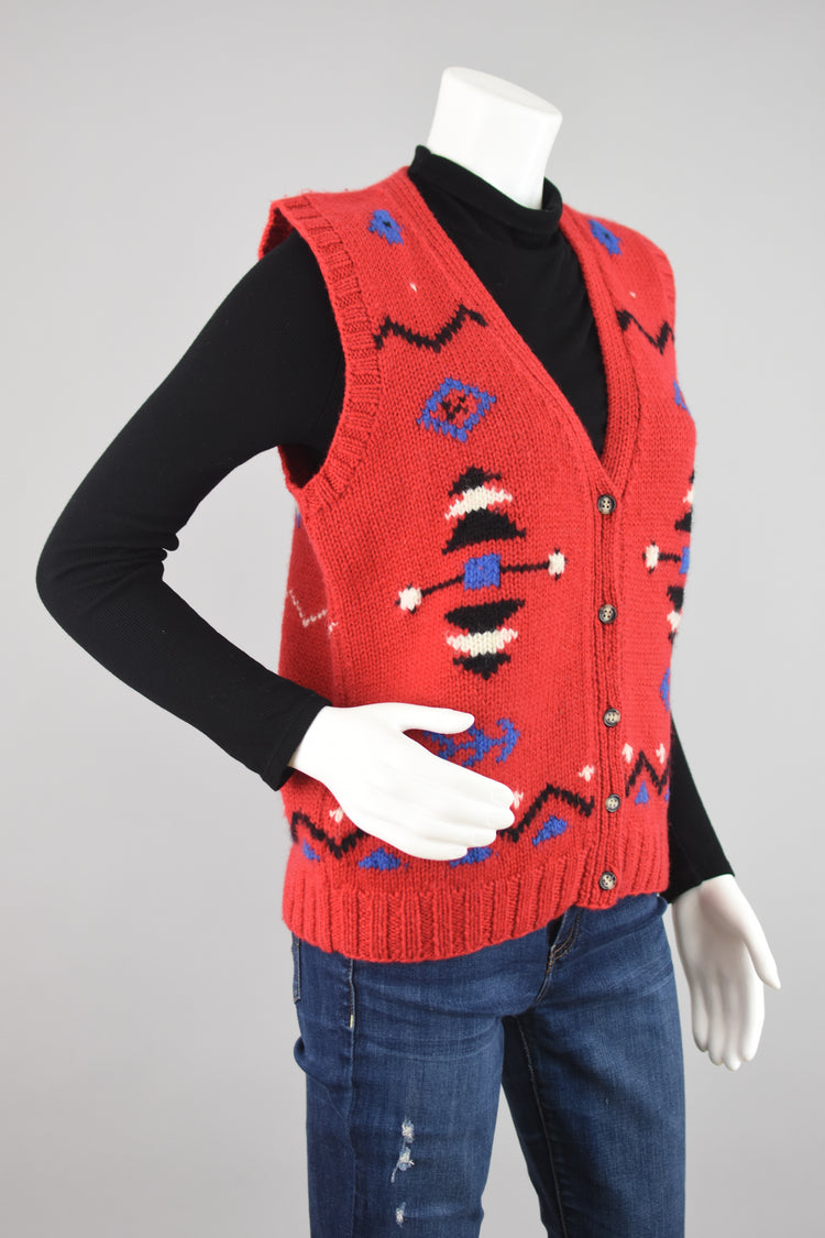 90s Red Wool Southwestern Chunky Crochet Knit Sweater Vest, Medium - Large