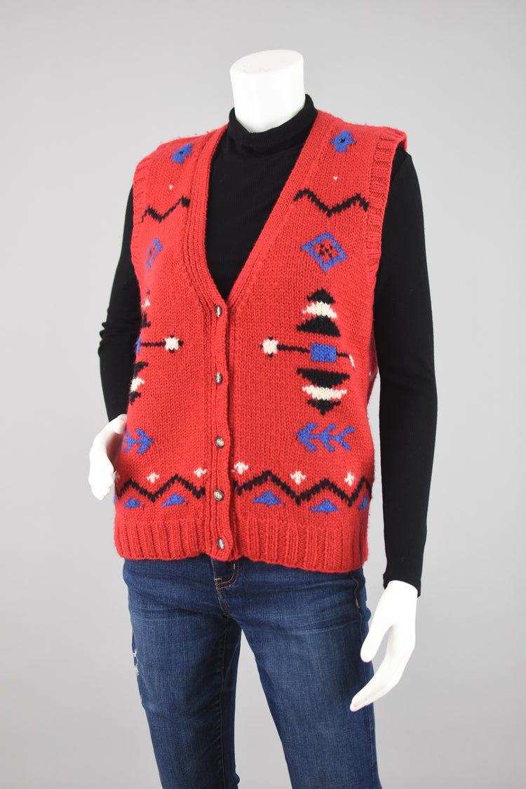 90s Red Wool Southwestern Chunky Crochet Knit Sweater Vest, Medium - Large