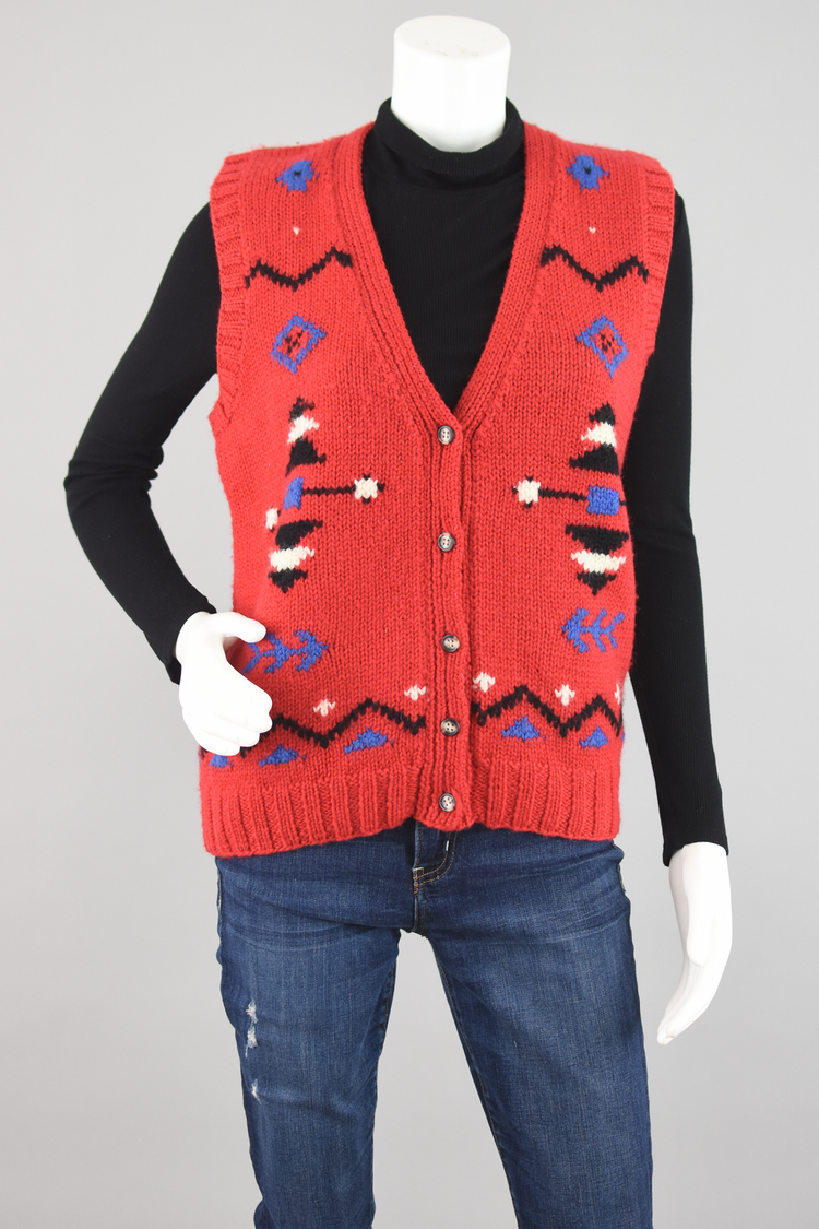 90s Red Wool Southwestern Chunky Crochet Knit Sweater Vest, Medium - Large