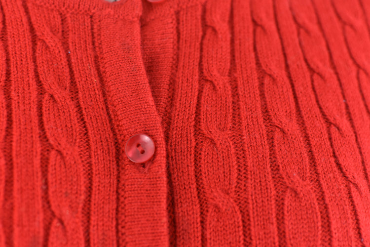 90s Cable Knit Red Cardigan with Pockets Small