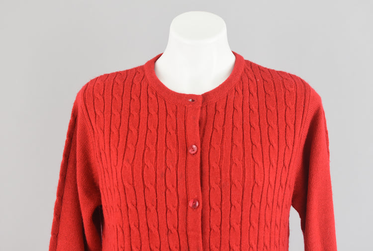 90s Cable Knit Red Cardigan with Pockets Small