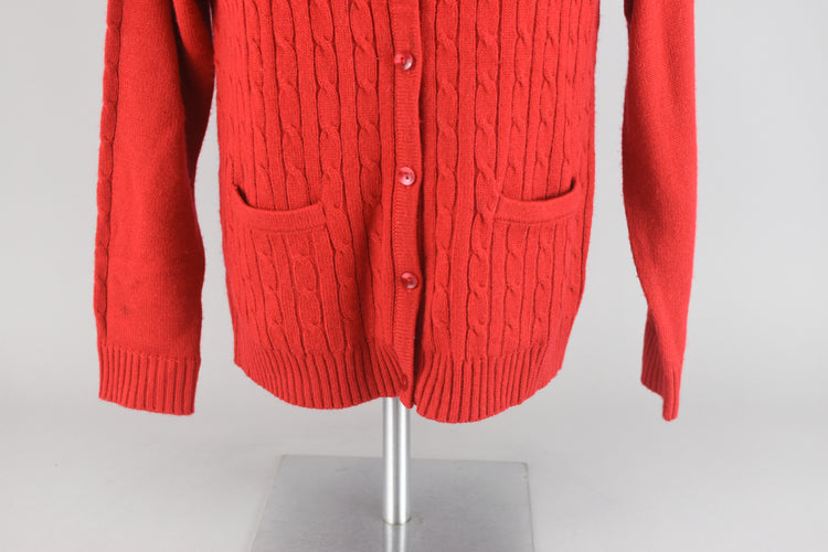 90s Cable Knit Red Cardigan with Pockets Small