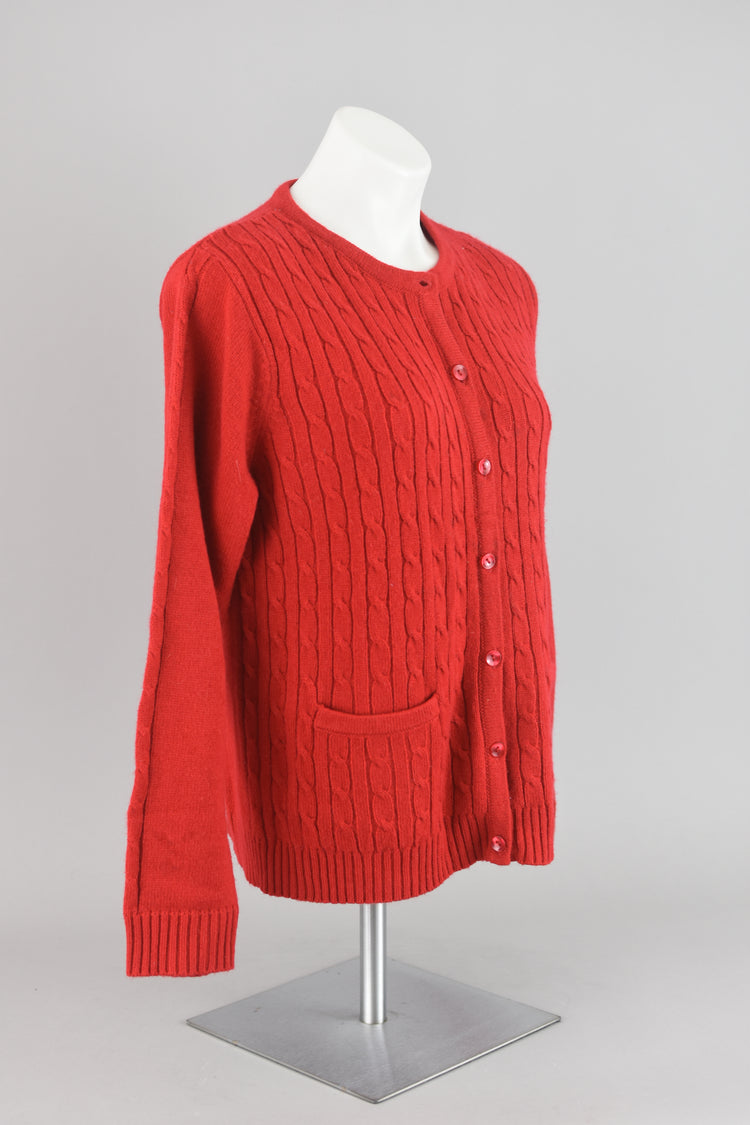 90s Cable Knit Red Cardigan with Pockets Small