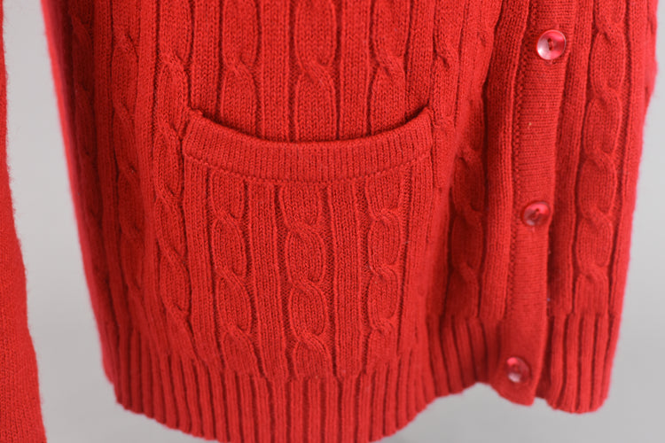 90s Cable Knit Red Cardigan with Pockets Small