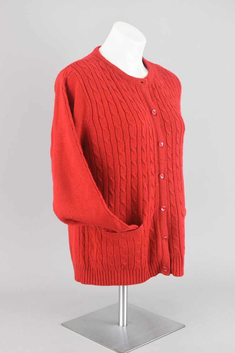 90s Cable Knit Red Cardigan with Pockets Small