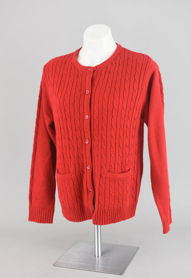 90s Cable Knit Red Cardigan with Pockets Small