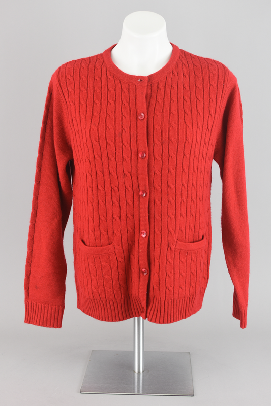 90s Cable Knit Red Cardigan with Pockets Small