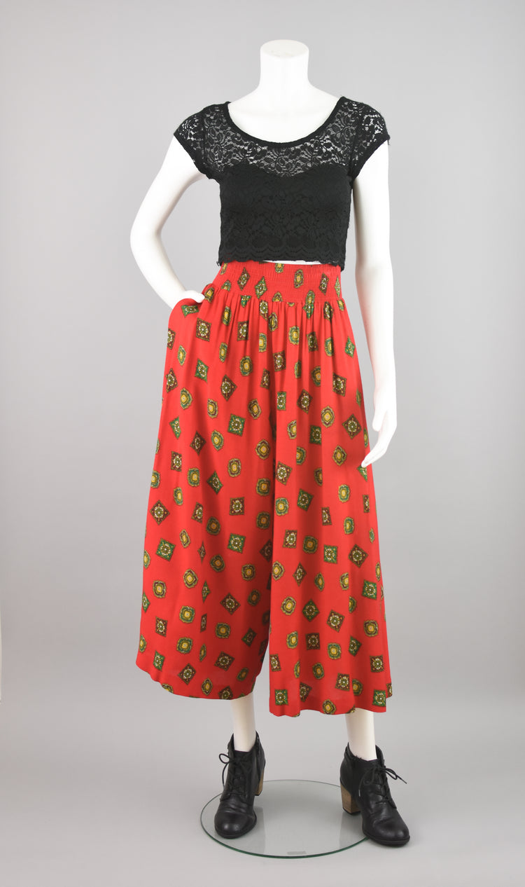 80s Red Scarf Print Wide Leg Culottes Women's Size 6