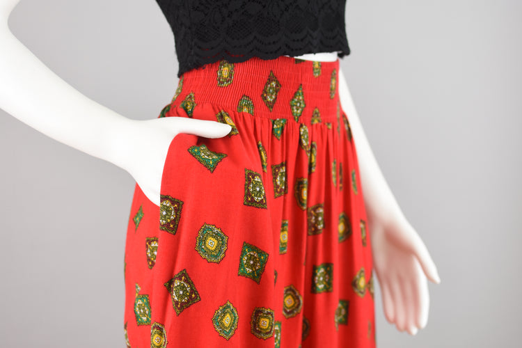 80s Red Scarf Print Wide Leg Culottes Women's Size 6