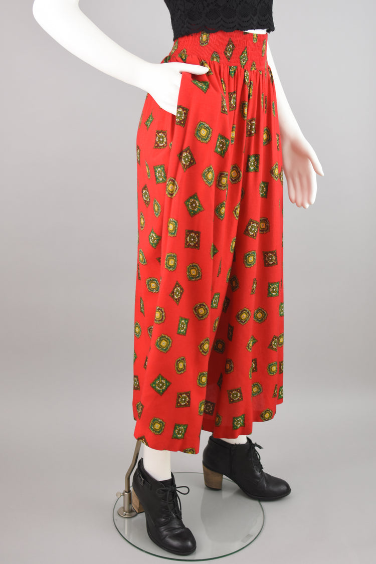 80s Red Scarf Print Wide Leg Culottes Women's Size 6