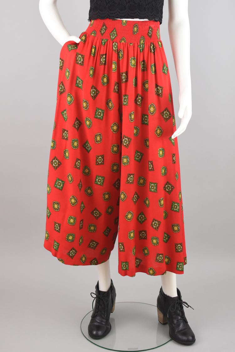 80s Red Scarf Print Wide Leg Culottes Women's Size 6