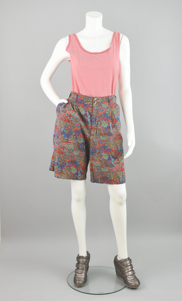 90s Brightly Colored Abstract Leaf Print Bermuda Shorts Size 30"