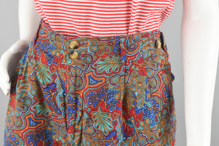 90s Brightly Colored Abstract Leaf Print Bermuda Shorts Size 30"