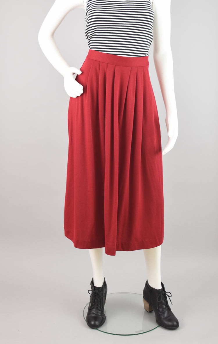 90s Red Pleated High Waist Maxi Skirt with Pockets, Women's Medium